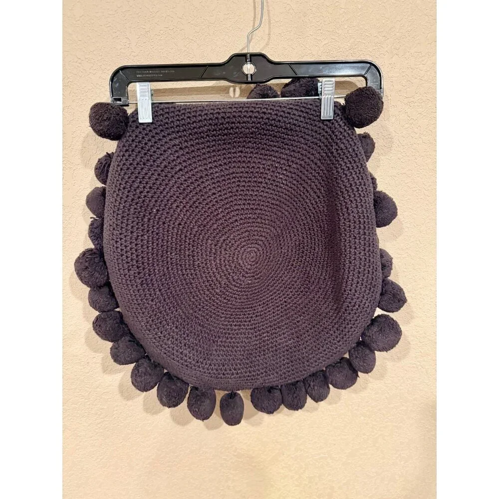 Crate and Barrel Pico Round Pom Pom Pillow‎ grey Hand Knit Cotton 18